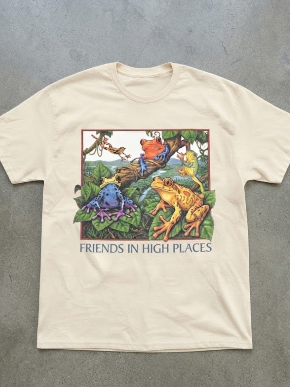 Friends In High Places Colorful Tree Frogs Graphic Cream Gildan T-Shirt
